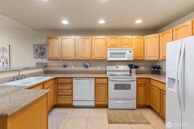 kitchen featuring white appliances, a sink, light brown cabinets, light tile patterned flooring, and recessed lighting