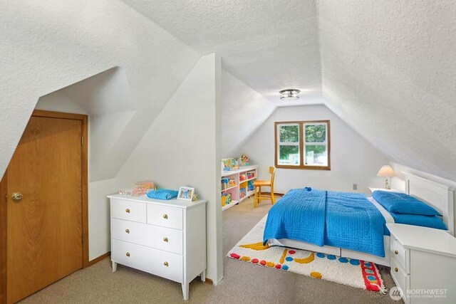 15513 NE Beebe Rd, Battle Ground, WA 98604 - bedroom with a textured ceiling, lofted ceiling, and carpet