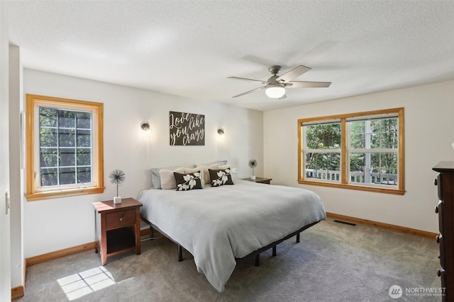 15513 NE Beebe Rd, Battle Ground, WA 98604 - bedroom with carpet flooring, baseboards, a textured ceiling, and ceiling fan