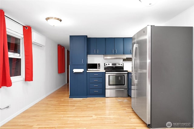 1660 S 333rd St Unit 26, Federal Way, WA 98003 - kitchen featuring appliances with stainless steel finishes, under cabinet range hood, light wood finished floors, blue cabinetry, and a wall unit AC