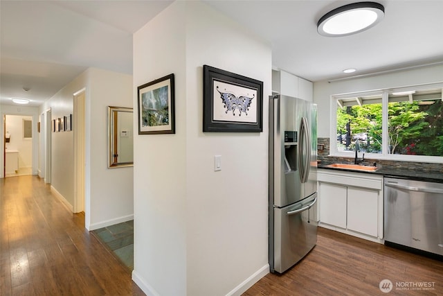 13235 68th Pl NE, Kirkland, WA 98034 - kitchen with stainless steel appliances, a sink, white cabinetry, dark wood-style flooring, and dark countertops