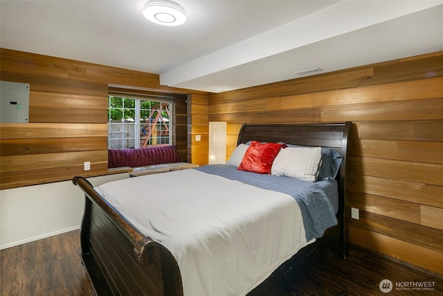 13235 68th Pl NE, Kirkland, WA 98034 - bedroom featuring wood walls, electric panel, wood finished floors, and baseboards