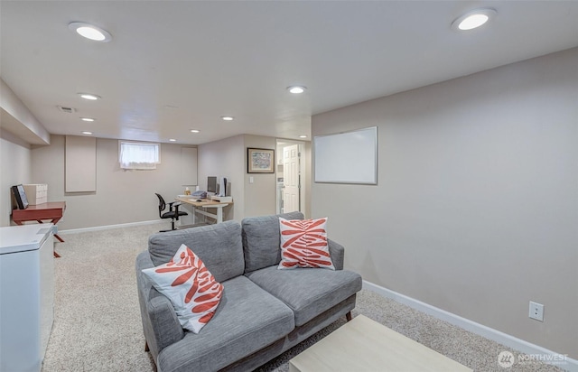 living area featuring carpet floors, recessed lighting, an office area, and baseboards