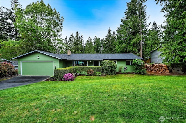 5915 148th Pl SW, Edmonds, WA 98026 - ranch-style house featuring an attached garage, a chimney, asphalt driveway, and a front lawn