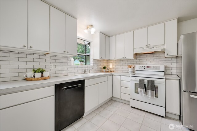 5915 148th Pl SW, Edmonds, WA 98026 - kitchen with white electric stove, dishwashing machine, under cabinet range hood, a sink, and freestanding refrigerator