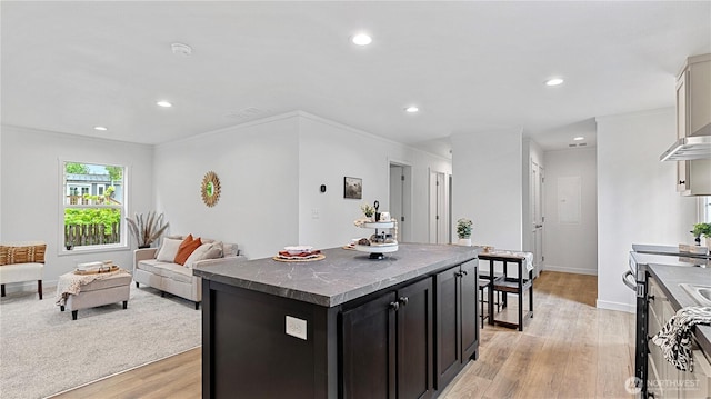 41512 Larson Dr, Gold Bar, WA 98251 - kitchen featuring dark cabinetry, light wood-type flooring, recessed lighting, open floor plan, and a center island