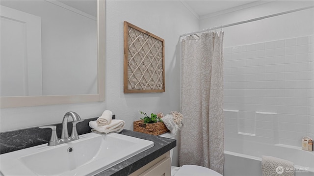 41512 Larson Dr, Gold Bar, WA 98251 - full bath with vanity, ornamental molding, and shower / bath combination with curtain