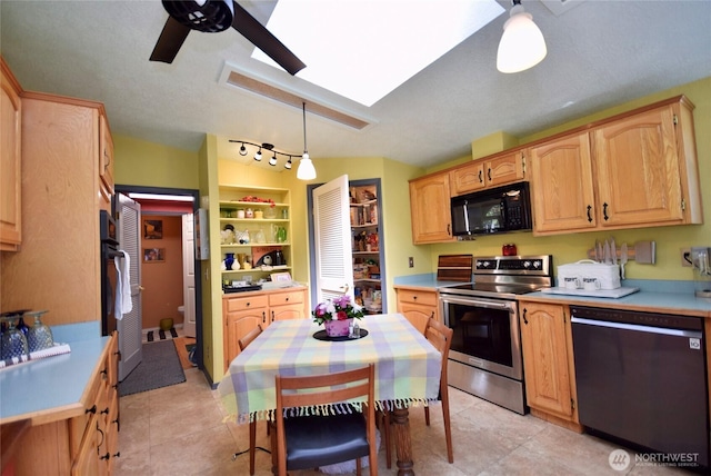 171 Foxtail Ln, Sequim, WA 98382 - kitchen featuring black microwave, stainless steel range with electric cooktop, dishwashing machine, a ceiling fan, and light countertops