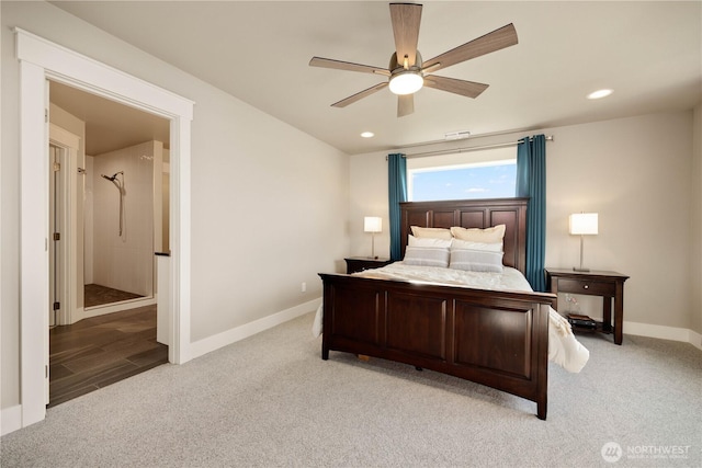 470 S Partridge Ln, East Wenatchee, WA 98802 - bedroom featuring light colored carpet, baseboards, recessed lighting, ceiling fan, and ensuite bath