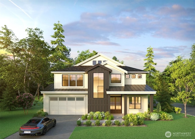 12905 SE 4th Pl, Bellevue, WA 98005 - modern farmhouse with a standing seam roof, driveway, board and batten siding, and metal roof