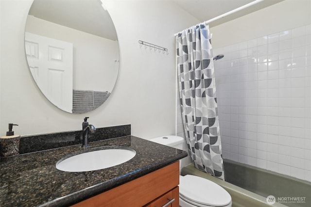 13558 37th Ave S Unit 21, Tukwila, WA 98168 - bathroom featuring toilet, vanity, and shower / tub combo with curtain