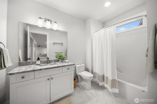 2876 N Brysen Dr, East Wenatchee, WA 98802 - bathroom with marble look tile flooring, toilet, vanity, and shower / bath combo