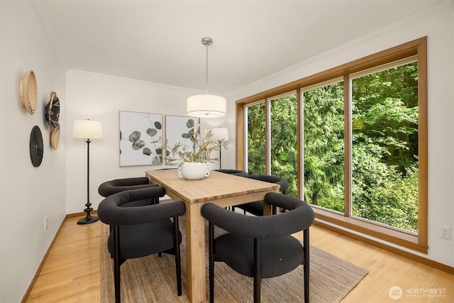 5047 84th Ave SE, Mercer Island, WA 98040 - dining room with healthy amount of natural light, baseboards, light wood-style flooring, and ornamental molding