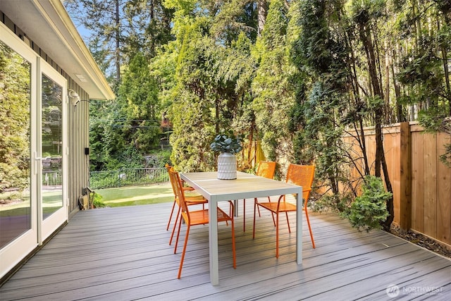 5047 84th Ave SE, Mercer Island, WA 98040 - wooden terrace with outdoor dining space and a fenced backyard