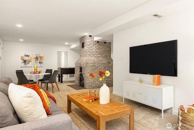 5047 84th Ave SE, Mercer Island, WA 98040 - living room with light carpet, recessed lighting, a brick fireplace, and baseboards