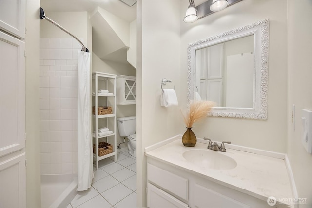 5047 84th Ave SE, Mercer Island, WA 98040 - full bathroom with a stall shower, toilet, tile patterned flooring, and vanity