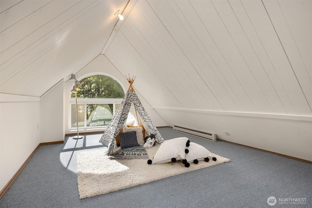 5047 84th Ave SE, Mercer Island, WA 98040 - recreation room featuring a baseboard heating unit, lofted ceiling, carpet, and baseboards