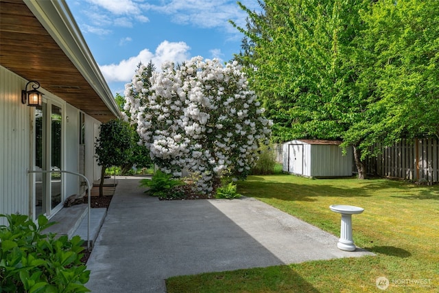 view of yard with a patio, a storage unit, and an outbuilding