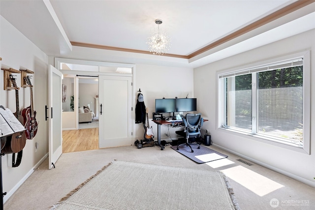 7340 Hawkstone Ave SW, Port Orchard, WA 98367 - carpeted home office featuring a chandelier, a raised ceiling, and baseboards