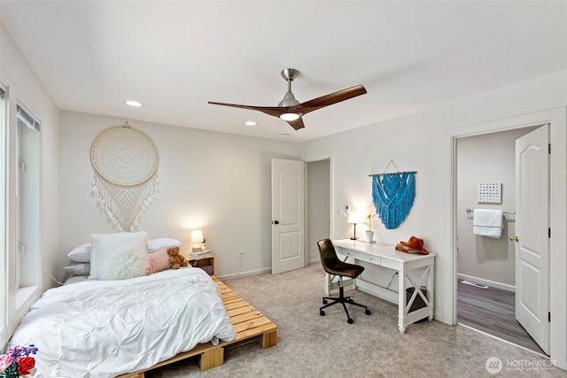 7340 Hawkstone Ave SW, Port Orchard, WA 98367 - carpeted bedroom featuring recessed lighting, baseboards, a ceiling fan, and connected bathroom