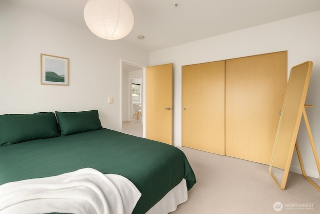 bedroom with a closet and light colored carpet
