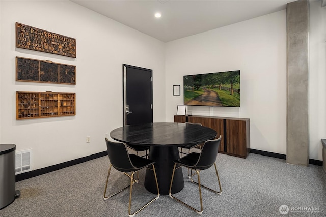 dining area featuring baseboards, carpet, and recessed lighting