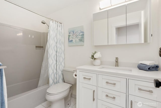 bathroom featuring toilet, vanity, shower / bath combination with curtain, and tile patterned floors