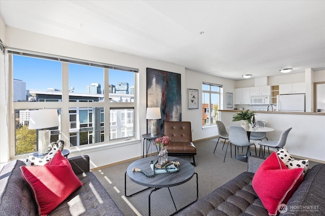 carpeted living area featuring baseboards