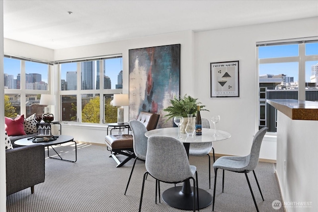 dining space with a view of skyline, plenty of natural light, and baseboards