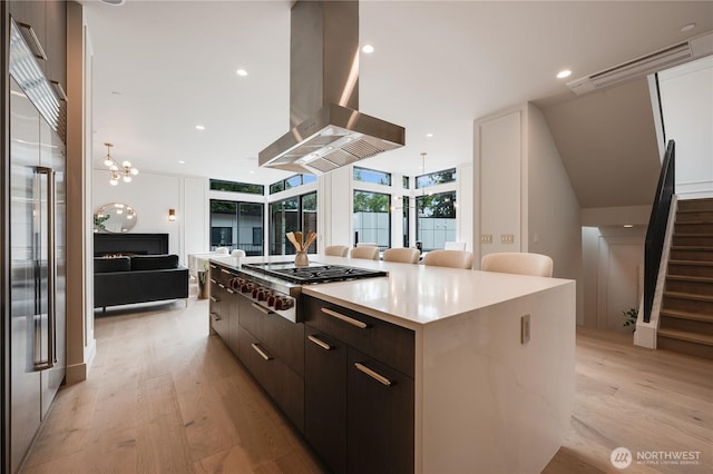 7128 NE 119th Ln, Kirkland, WA 98034 - kitchen featuring modern cabinets, stainless steel appliances, island exhaust hood, open floor plan, and light wood-style floors