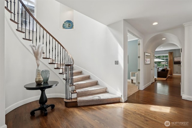 451 245th Ave SE, Sammamish, WA 98074 - entrance foyer with wood finished floors, arched walkways, stairs, and recessed lighting