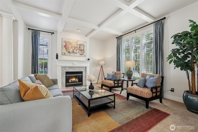 451 245th Ave SE, Sammamish, WA 98074 - carpeted living room with coffered ceiling, plenty of natural light, a high end fireplace, and beam ceiling