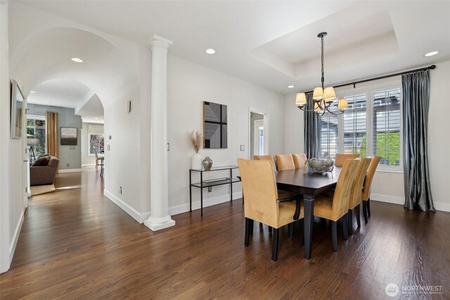 451 245th Ave SE, Sammamish, WA 98074 - dining area with recessed lighting, dark wood-style floors, plenty of natural light, a chandelier, and arched walkways