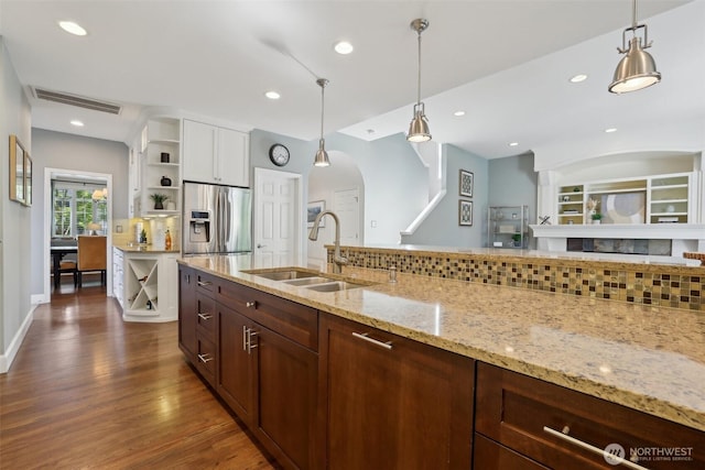 451 245th Ave SE, Sammamish, WA 98074 - kitchen featuring stainless steel fridge, open shelves, dark wood-style floors, decorative light fixtures, and recessed lighting
