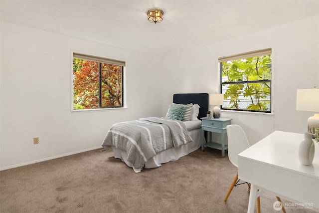 bedroom with multiple windows, light colored carpet, and baseboards