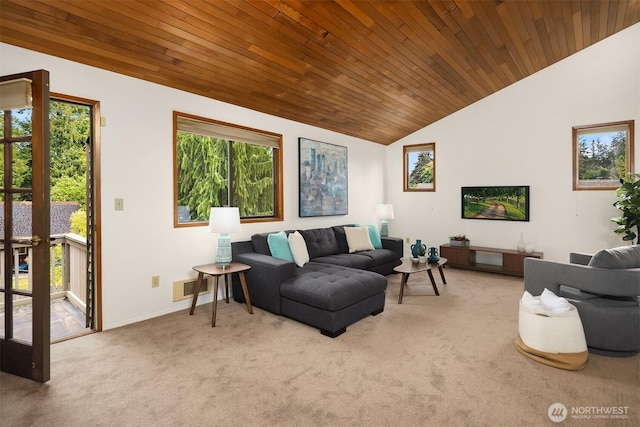 carpeted living area featuring lofted ceiling, baseboards, and wood ceiling