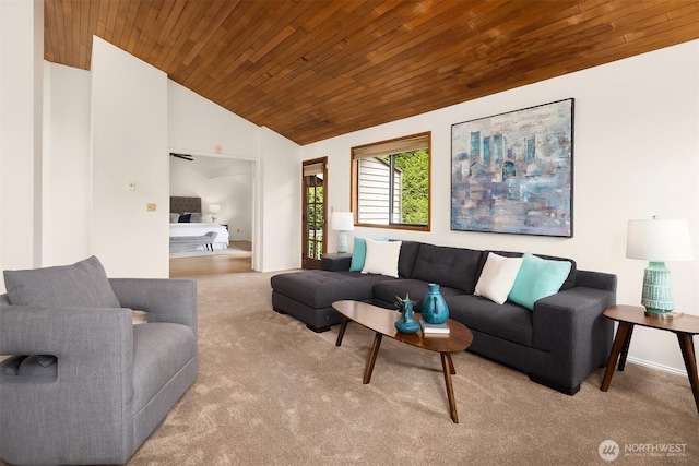 living area featuring carpet, vaulted ceiling, and wooden ceiling