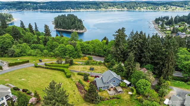 471 Dungeness Dr, Fox Island, WA 98333 - aerial view of a nearby body of water and a heavily wooded area