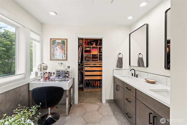 471 Dungeness Dr, Fox Island, WA 98333 - full bathroom featuring double vanity, a spacious closet, tile patterned flooring, and recessed lighting