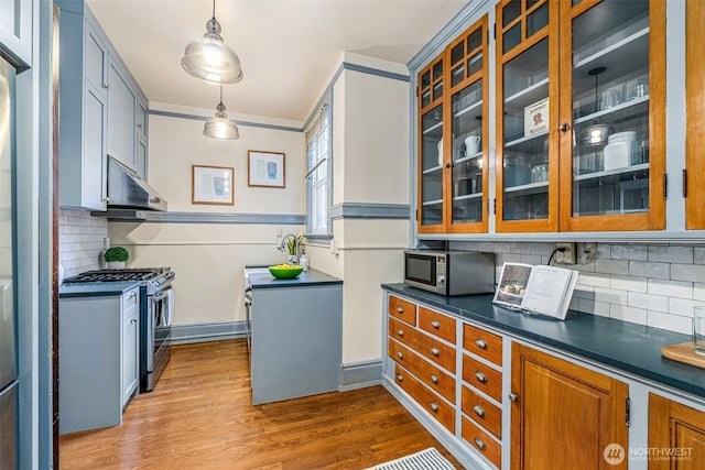 615 Boren Ave Unit 11, Seattle, WA 98104 - kitchen featuring appliances with stainless steel finishes, under cabinet range hood, wood finished floors, dark countertops, and glass insert cabinets