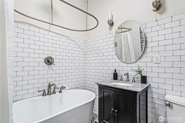 615 Boren Ave Unit 11, Seattle, WA 98104 - bathroom with tile walls, a tub, decorative backsplash, vanity, and a shower with curtain