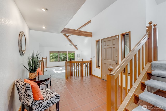 14930 15th Avenue Ct E, Tacoma, WA 98445 - entryway with light tile patterned floors, baseboards, a high ceiling, and recessed lighting