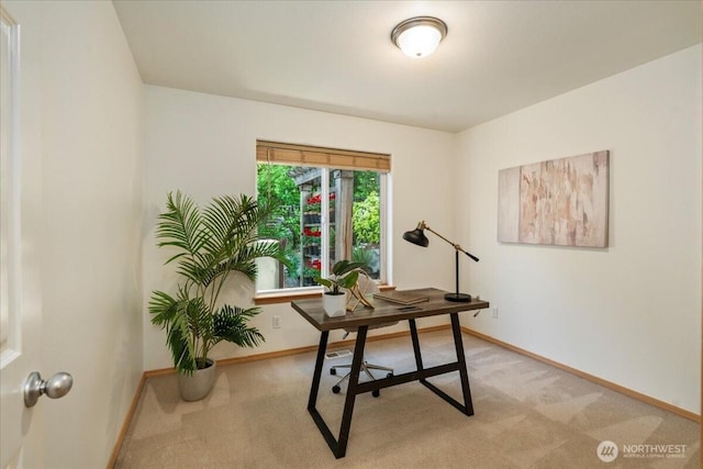 office space featuring light carpet and baseboards