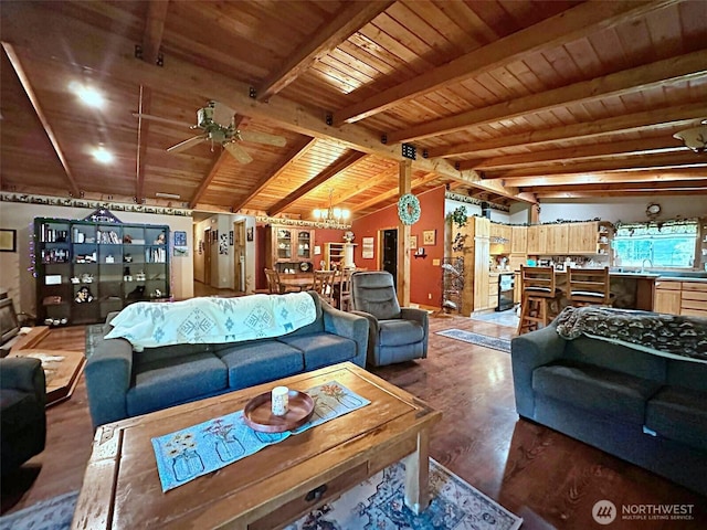 588 Mineral Creek Rd, Mineral, WA 98355 - living room featuring wooden ceiling, wood finished floors, a chandelier, and a ceiling fan