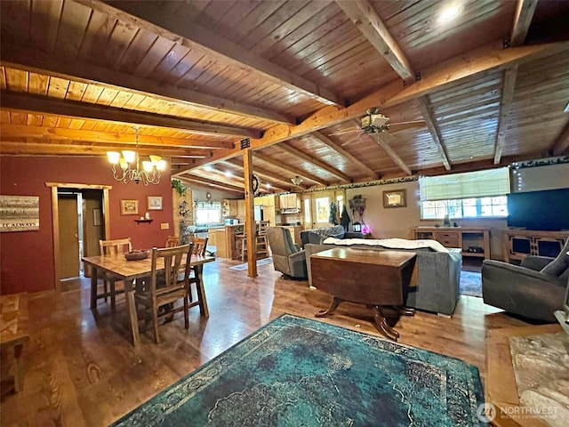 588 Mineral Creek Rd, Mineral, WA 98355 - living room with wood finished floors, a chandelier, wood ceiling, and ceiling fan