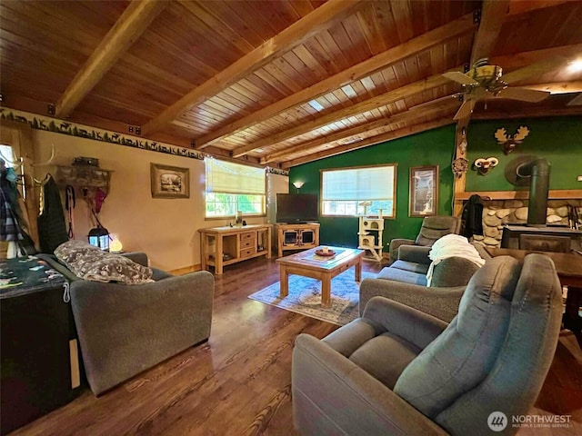 588 Mineral Creek Rd, Mineral, WA 98355 - living area featuring wood ceiling, a wood stove, wood finished floors, and ceiling fan