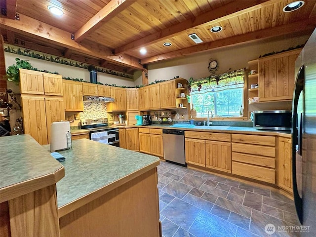 588 Mineral Creek Rd, Mineral, WA 98355 - kitchen featuring stainless steel appliances, a sink, wood ceiling, open shelves, and beam ceiling