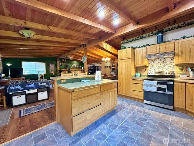 588 Mineral Creek Rd, Mineral, WA 98355 - kitchen featuring stainless steel electric range, light brown cabinets, wood ceiling, under cabinet range hood, and light countertops