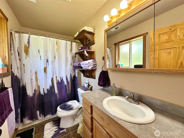 588 Mineral Creek Rd, Mineral, WA 98355 - full bathroom with vanity, a shower with curtain, toilet, and tile patterned flooring