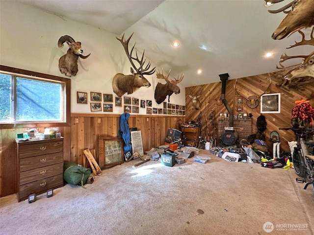 588 Mineral Creek Rd, Mineral, WA 98355 - miscellaneous room with wood walls, a wood stove, carpet floors, wainscoting, and recessed lighting